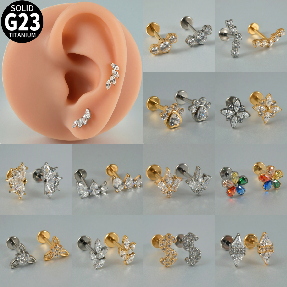 1PC Zircon G23 Solid Titanium  - مراجعة Cluster Stud Ear وسعره