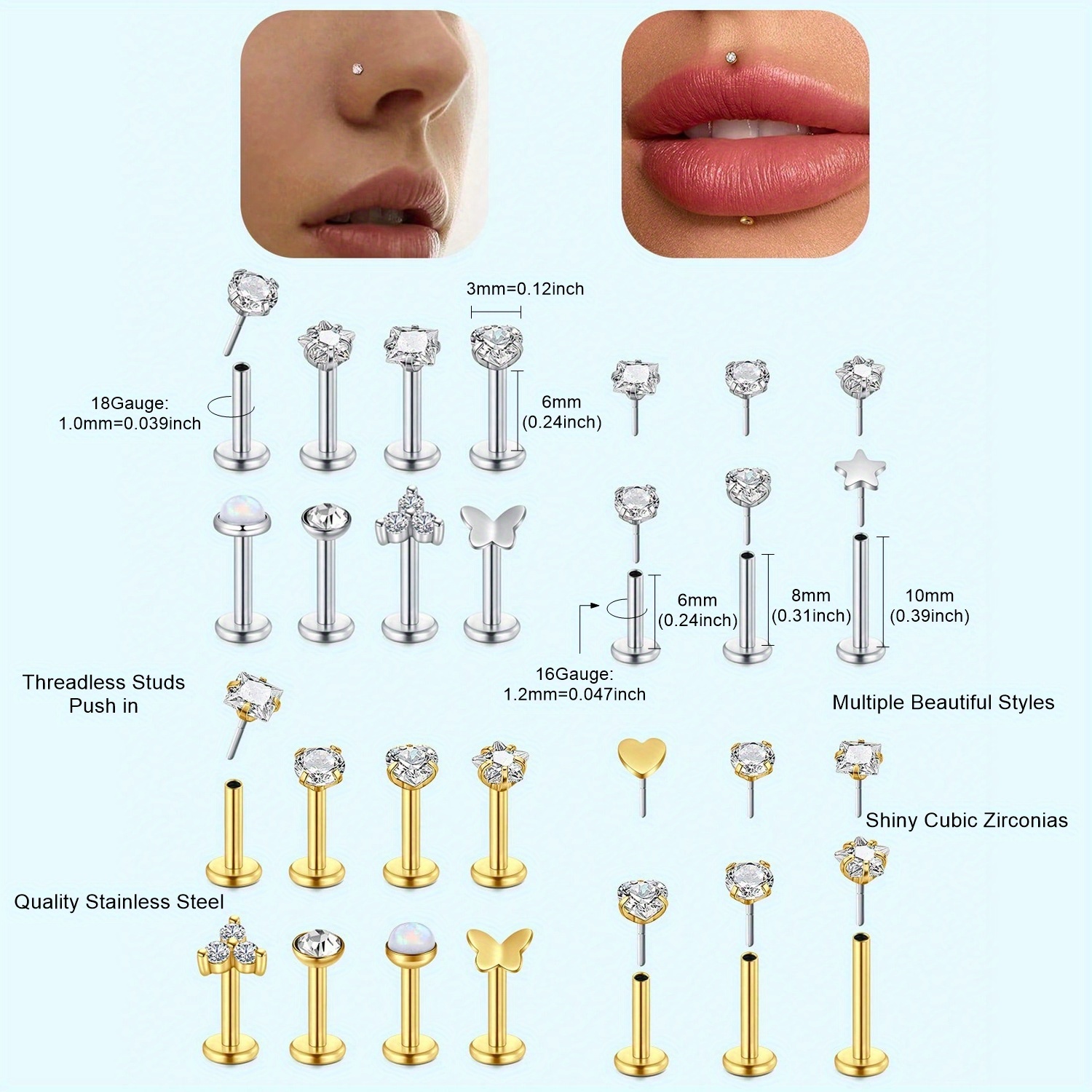16G 18G Push in Threadless Nos - مراجعة Body Jewelry Threadless وسعره